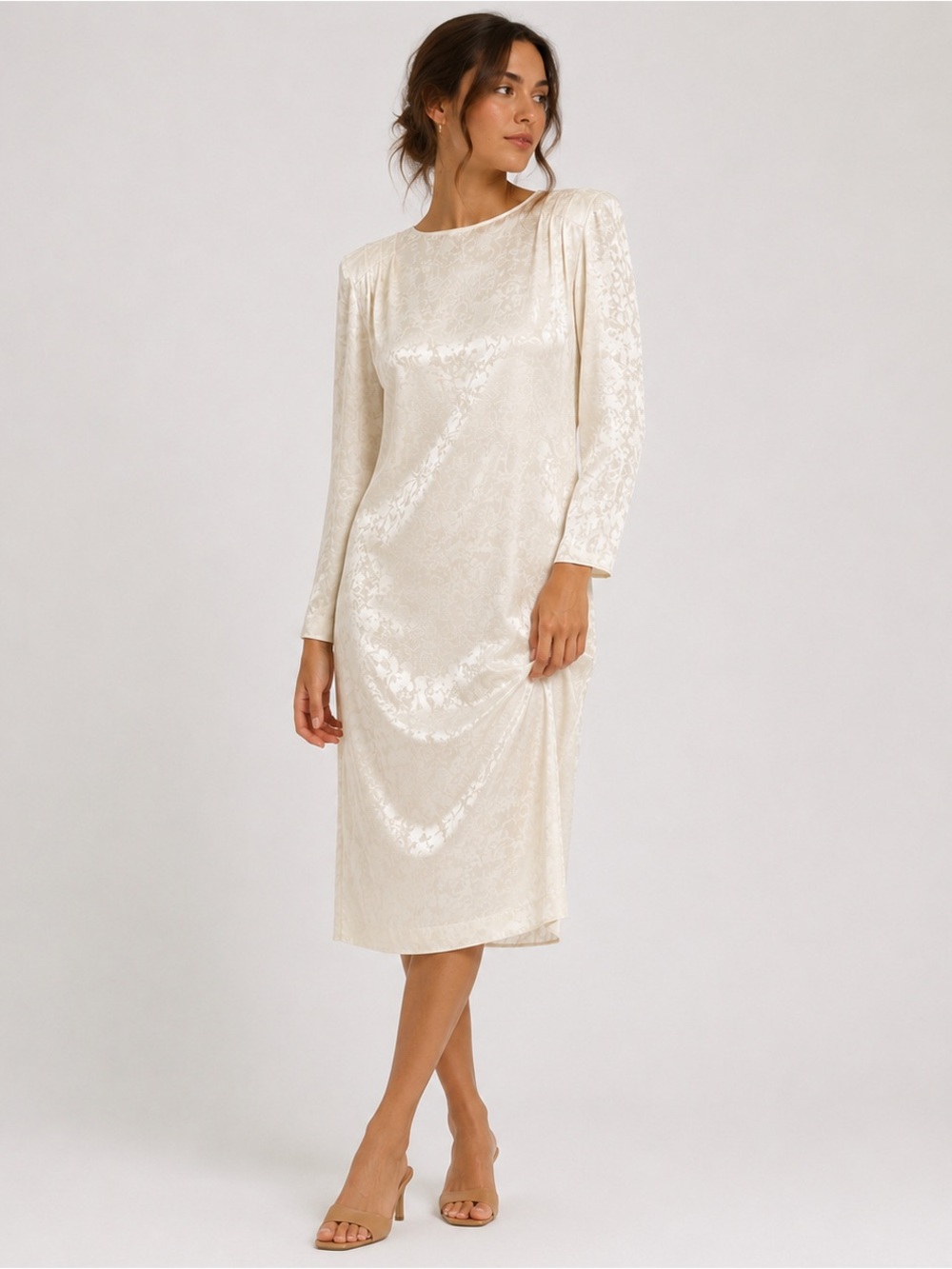 Vintage 80s Pleated 100% Silk White Floral Midi Dress by Liz Claiborne